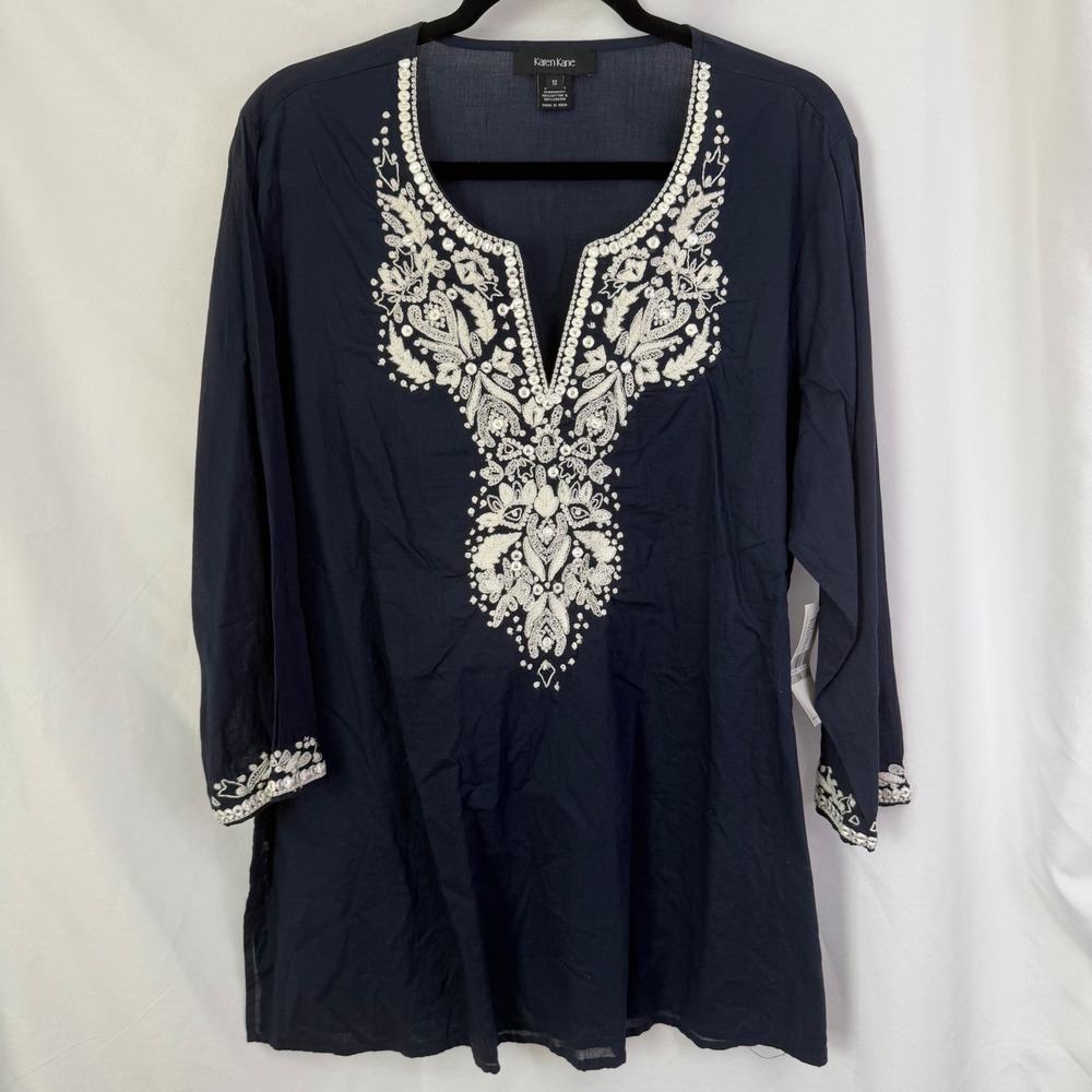 Karen‎ Kane Embroidered Tunic Top Navy Blue 1X NWT Luxury Boho Chic $158 - Picture 2 of 10
